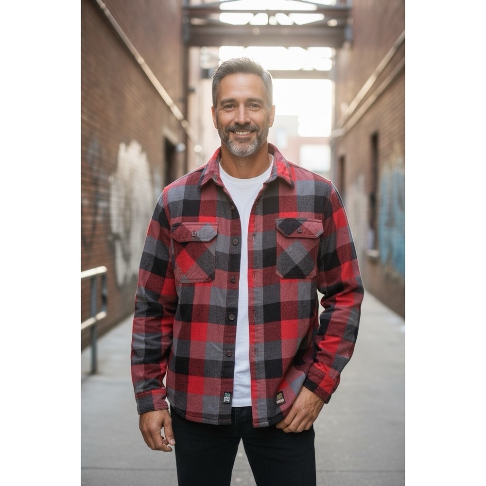 Berne Plaid Quilted Flannel‎ Shirt Jacket Red Black Gray Sz Medium